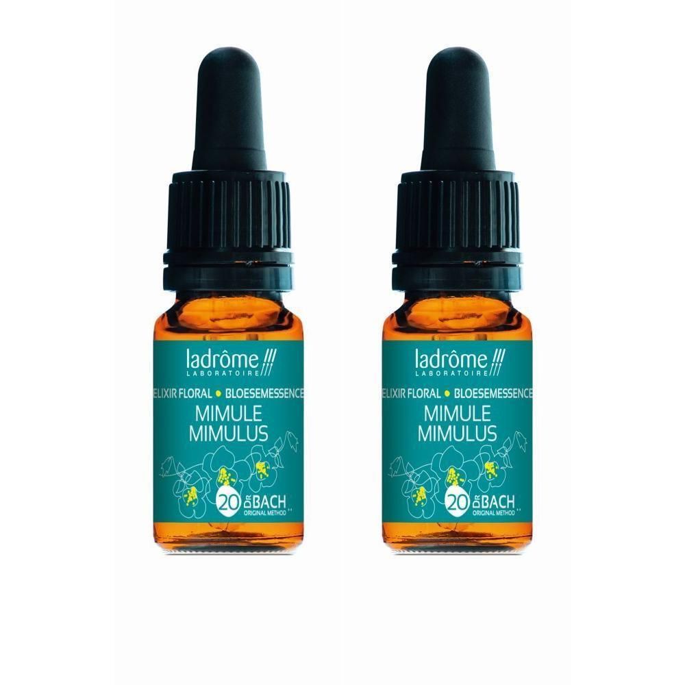 Twee Ladrôme Mimule N°20 druppelflesjes met pipetdop en etiket.