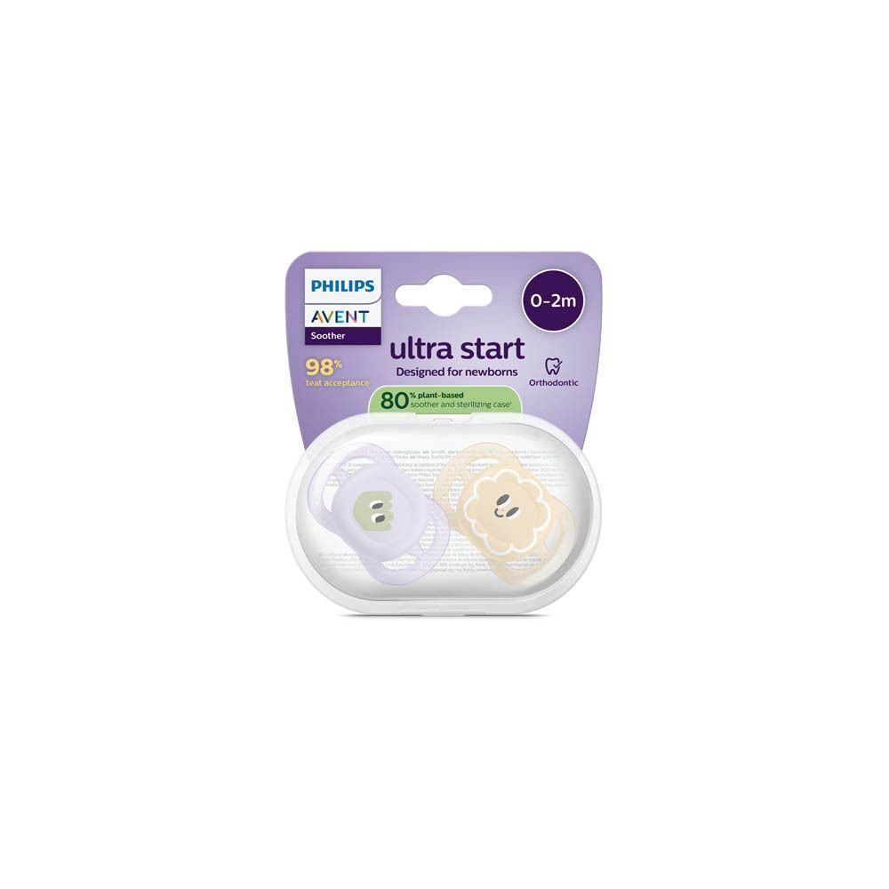 Emballage avec deux sucettes Philips Avent Ultra Start, 0-2m, lilas et jaune.
