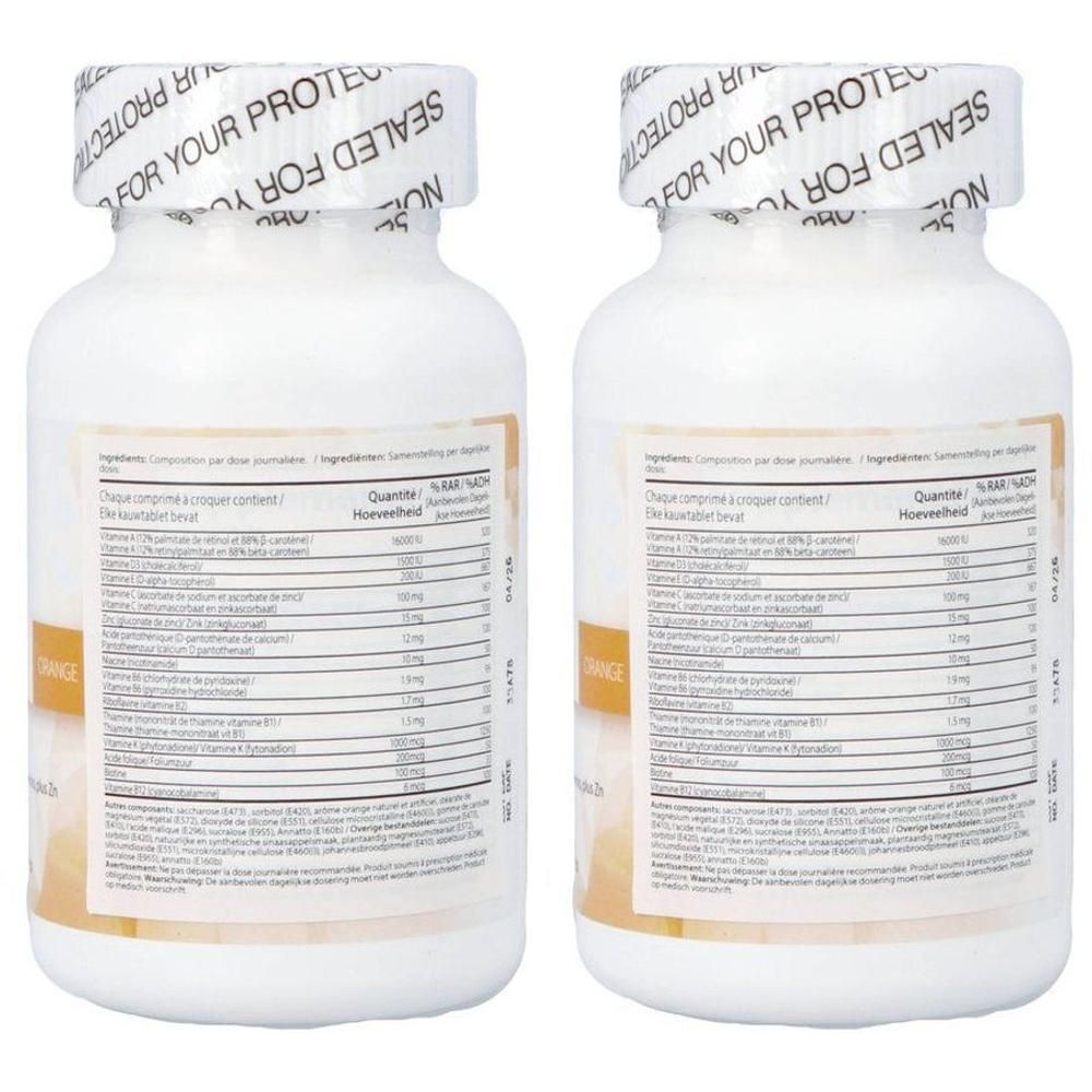 Twee flessen Mvw Complete Formulation Multivitamin, oranje smakende capsules.