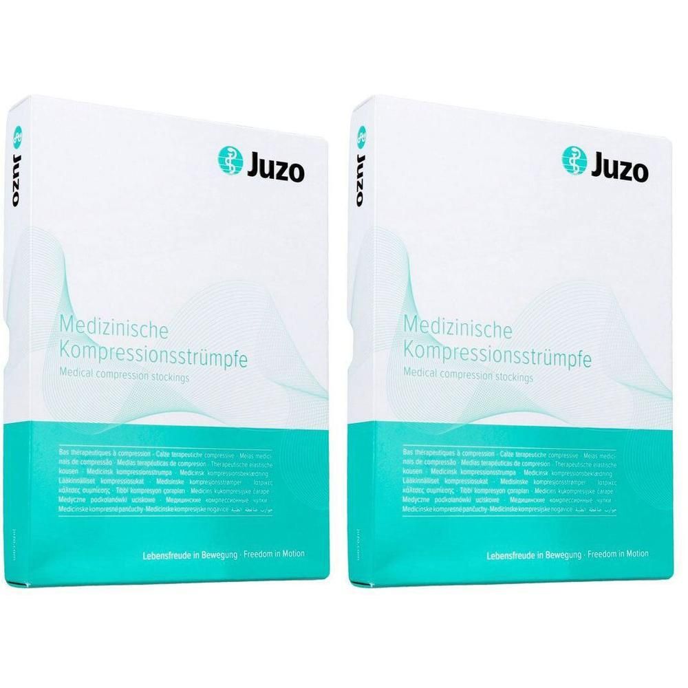 Deux boîtes Juzo de bas de compression médicale. Blanc avec un design turquoise.