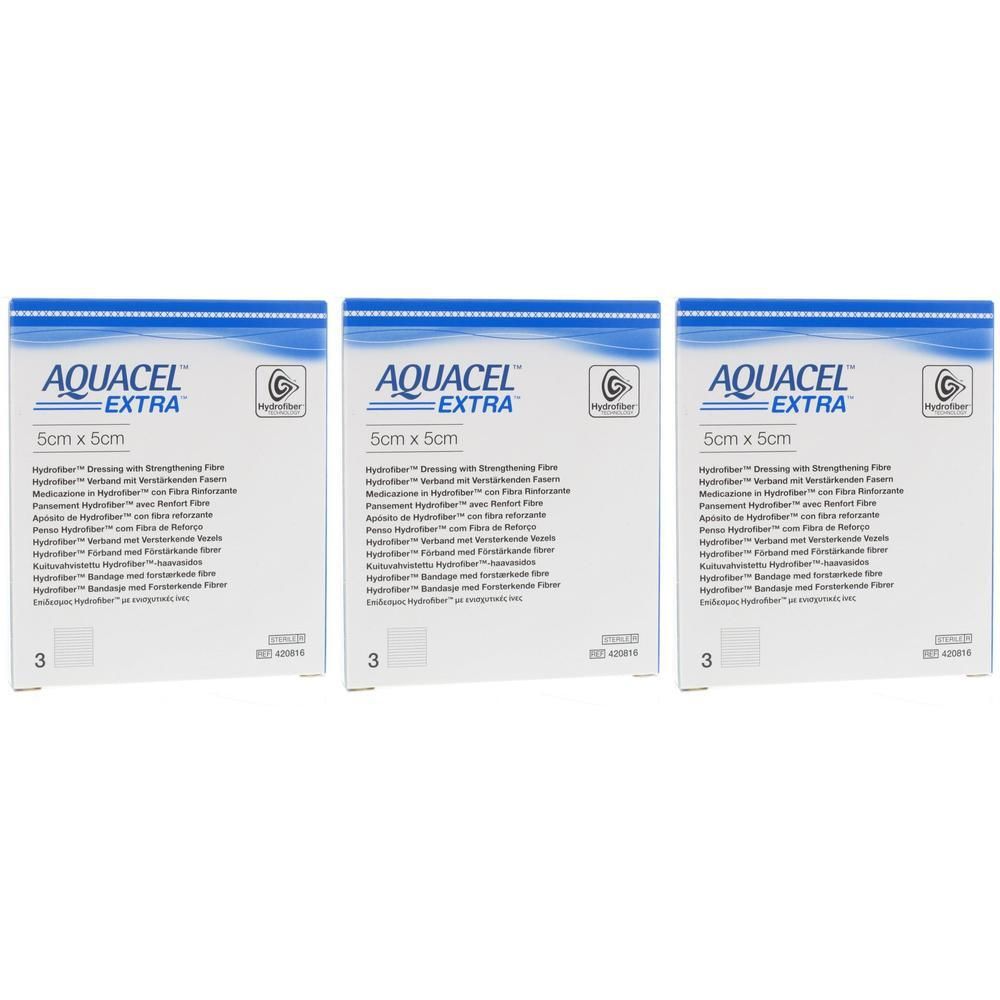 Drie pakken Aquacel Extra Hydrofiber verbanden, 5x5cm.