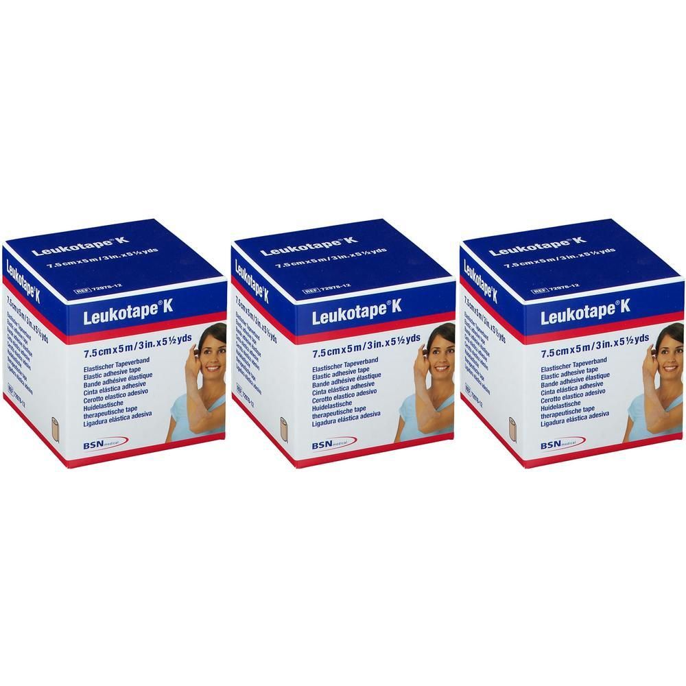 Drie pakken Leukotape K, huidkleurig, 7,5cm x 5m. BSN-logo zichtbaar.