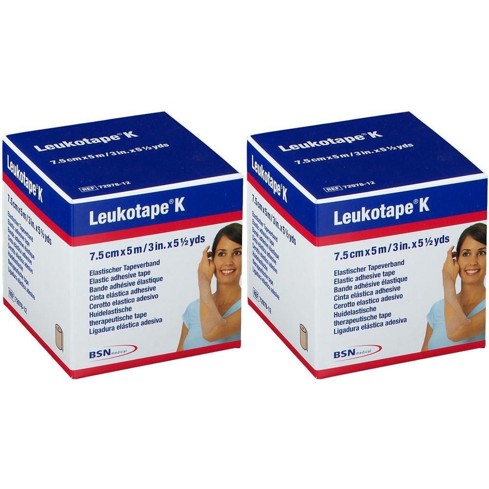 Twee verpakkingen Leukotape K, huidskleur, 7,5cm x 5m.
