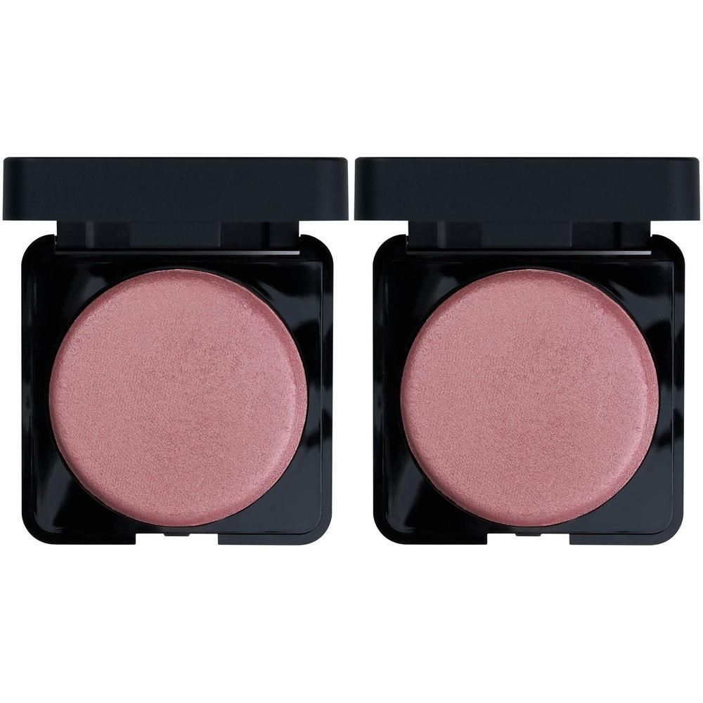 Deux poudres de blush rondes et roses dans des boîtiers noirs.