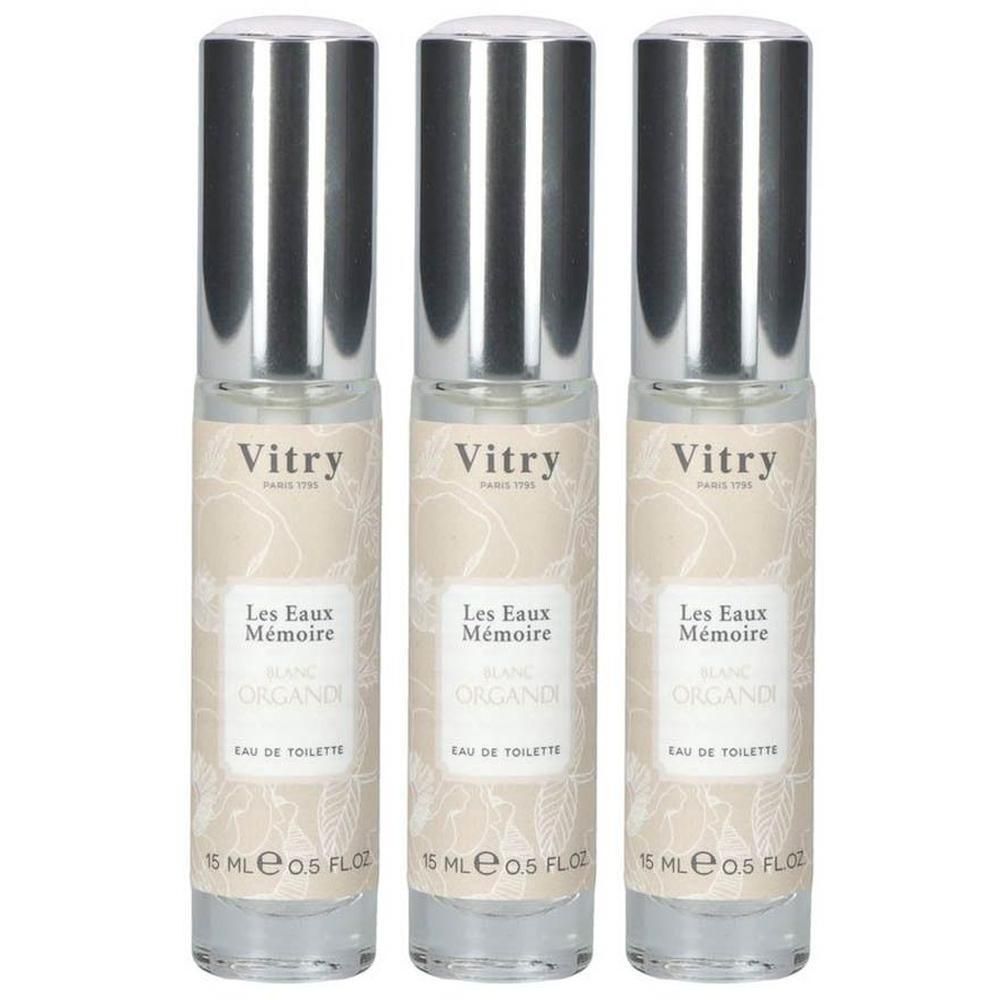 Drie Vitry Eau de Toilette Blanc Organdi flesjes met zilverkleurige dopjes. Elk flesje bevat 15 ml.