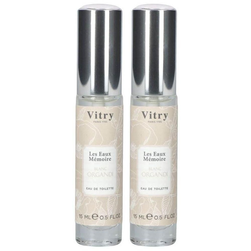 Twee Vitry Eau de Toilette Blanc Organdi flesjes met zilveren doppen. 15 ml.