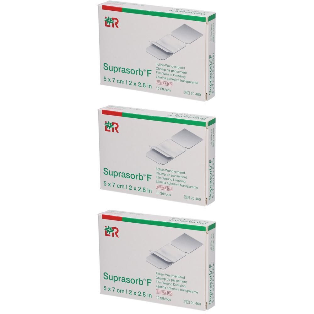 Drie pakken Suprasorb F wondverbanden, 5x7 cm.