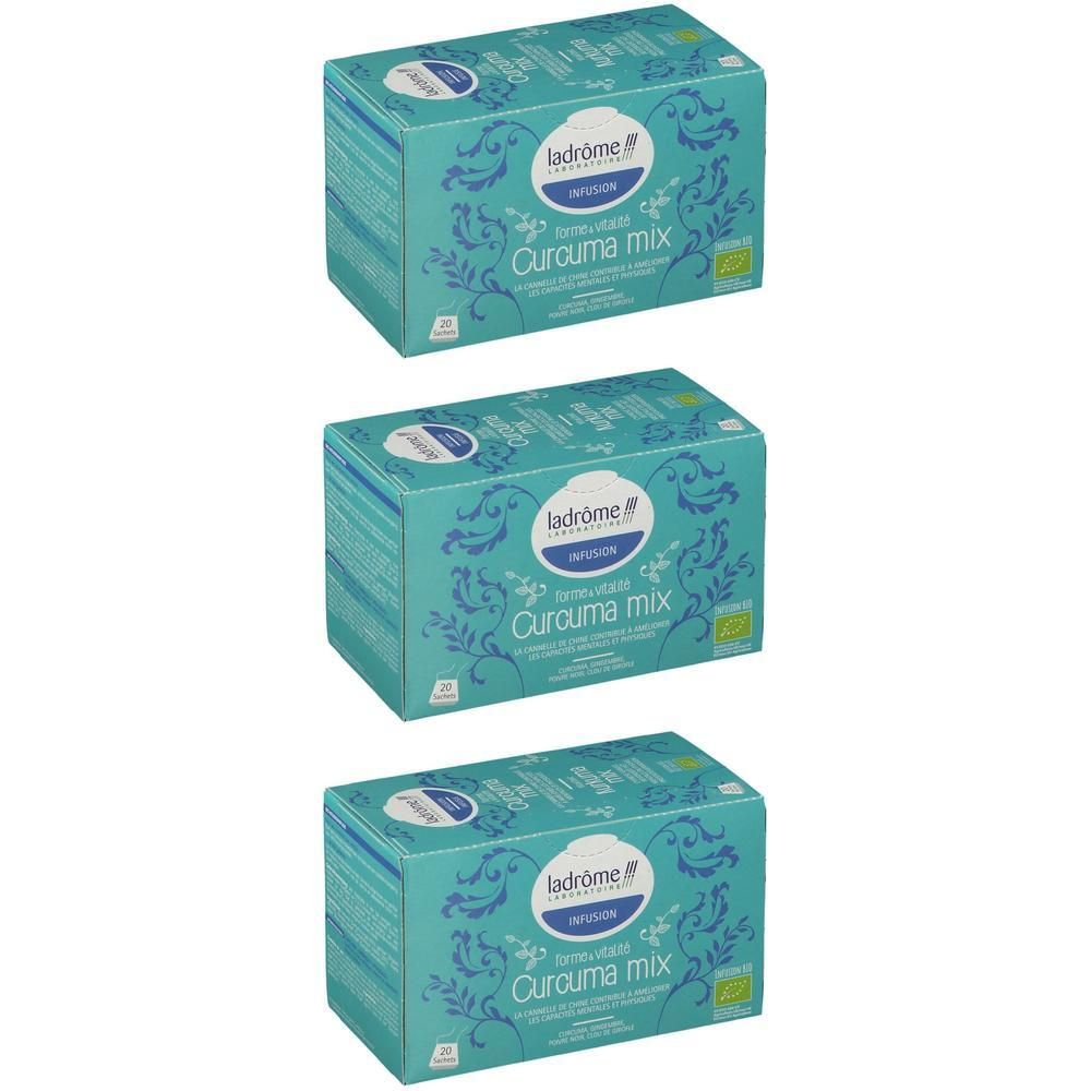Drie doosjes Ladrôme Infusion Curcuma Mix met turquoise design en bloemmotieven.