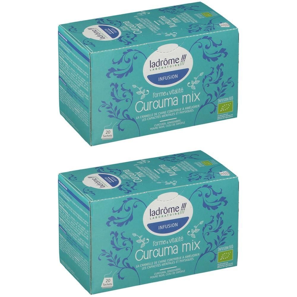 Twee pakken Ladrôme Infusion Vitalité Curcuma Mix kruidenthee, elk 20 zakjes.