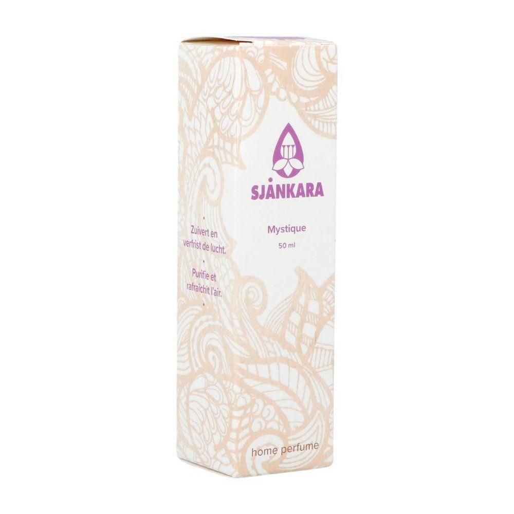 Verpakking voor "Sjankara Mystique 50 ml home perfume" met paars logo en versieringen.