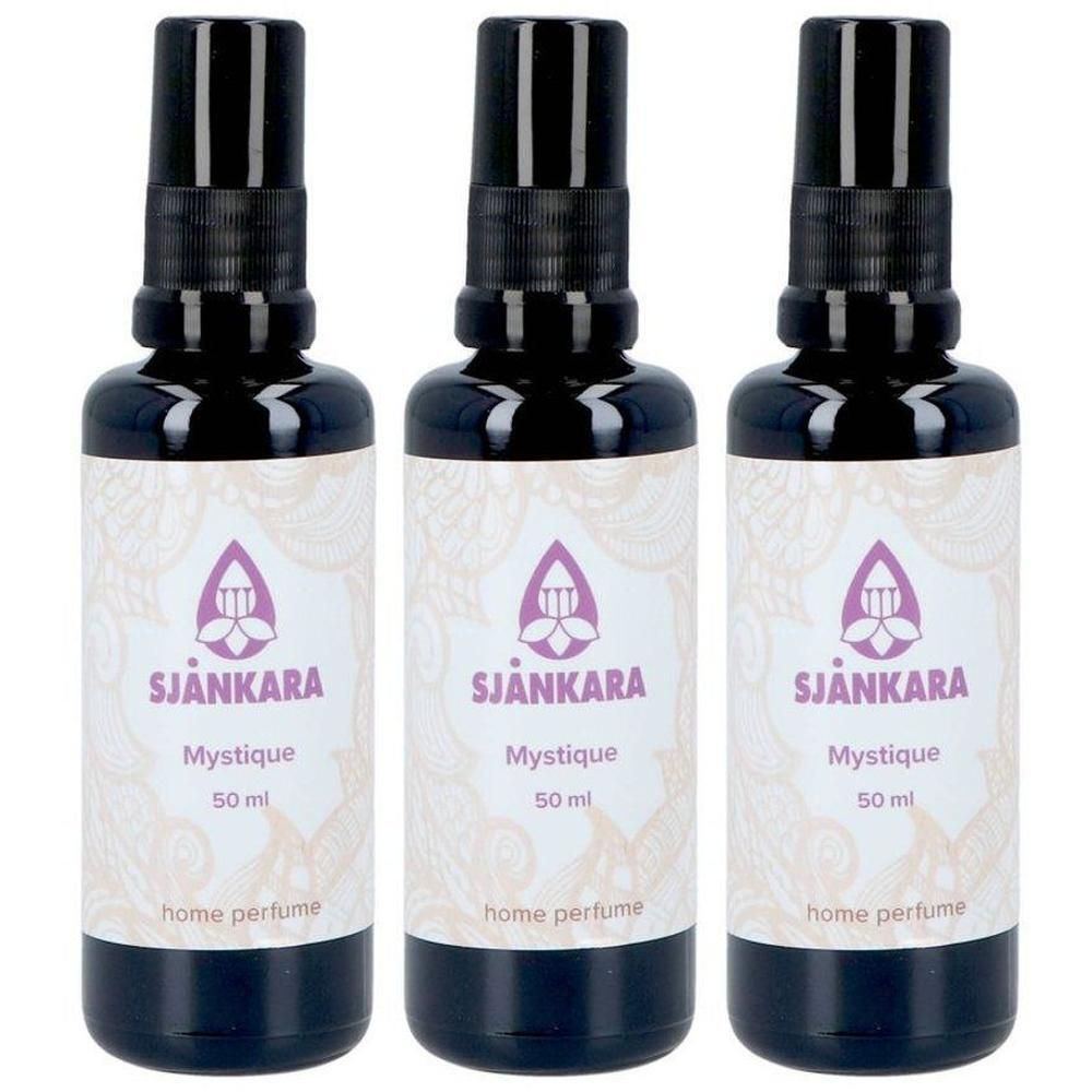 Trois flacons pulvérisateurs foncés de Sjankara Mystique Home Perfume, 50 ml chacun.