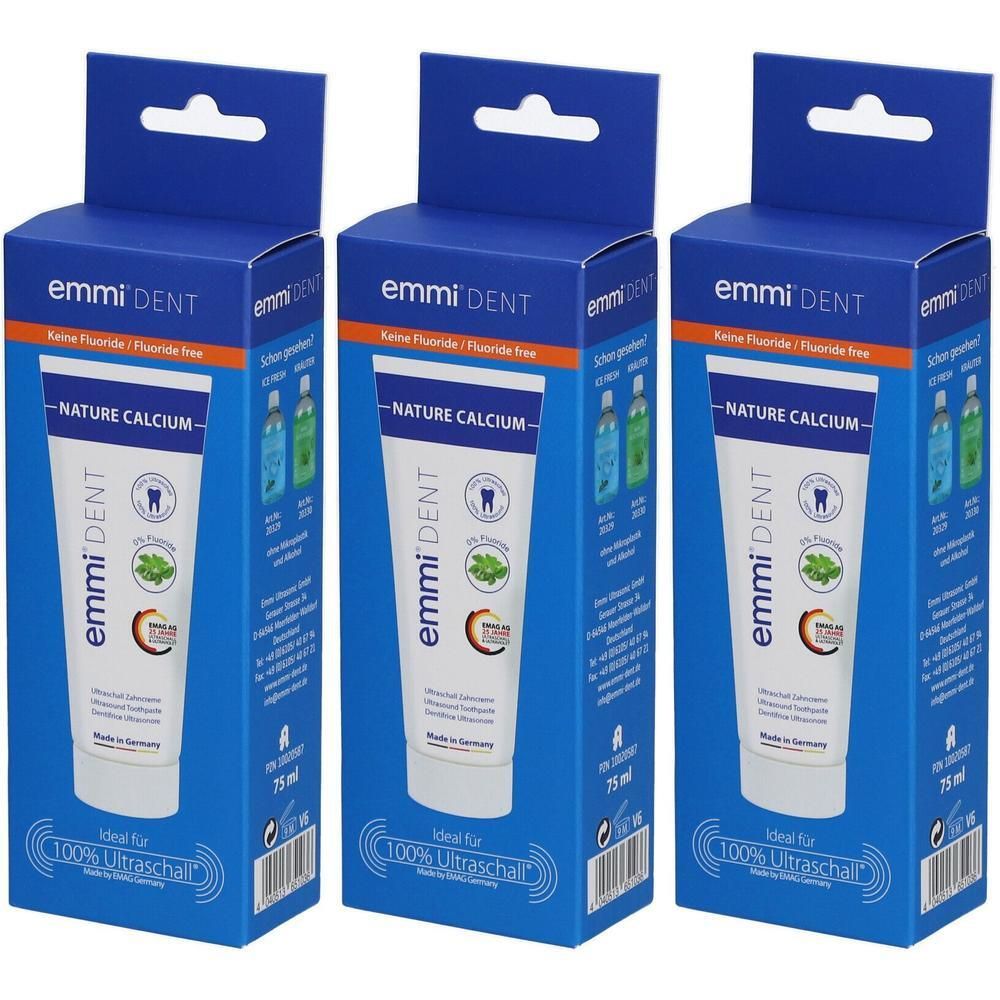 Drie pakken Emmi-Dent tandpasta Nature Calcium, 75 ml.