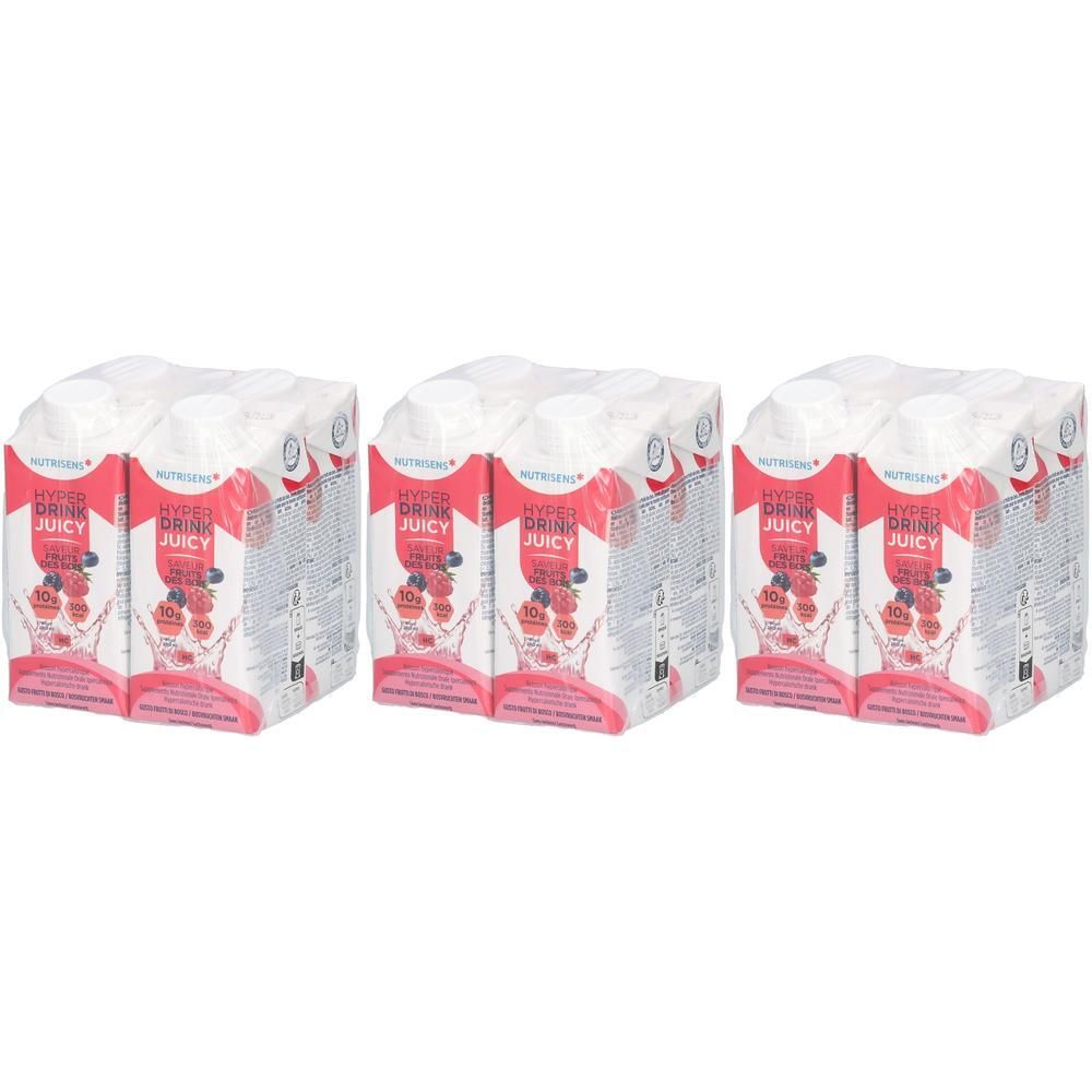 Trois packs de Nutrisens Hyperdrink Juicy Fruits des Bois, chacun 4x125ml. Emballage blanc avec illustrations de baies rouges et bleues.