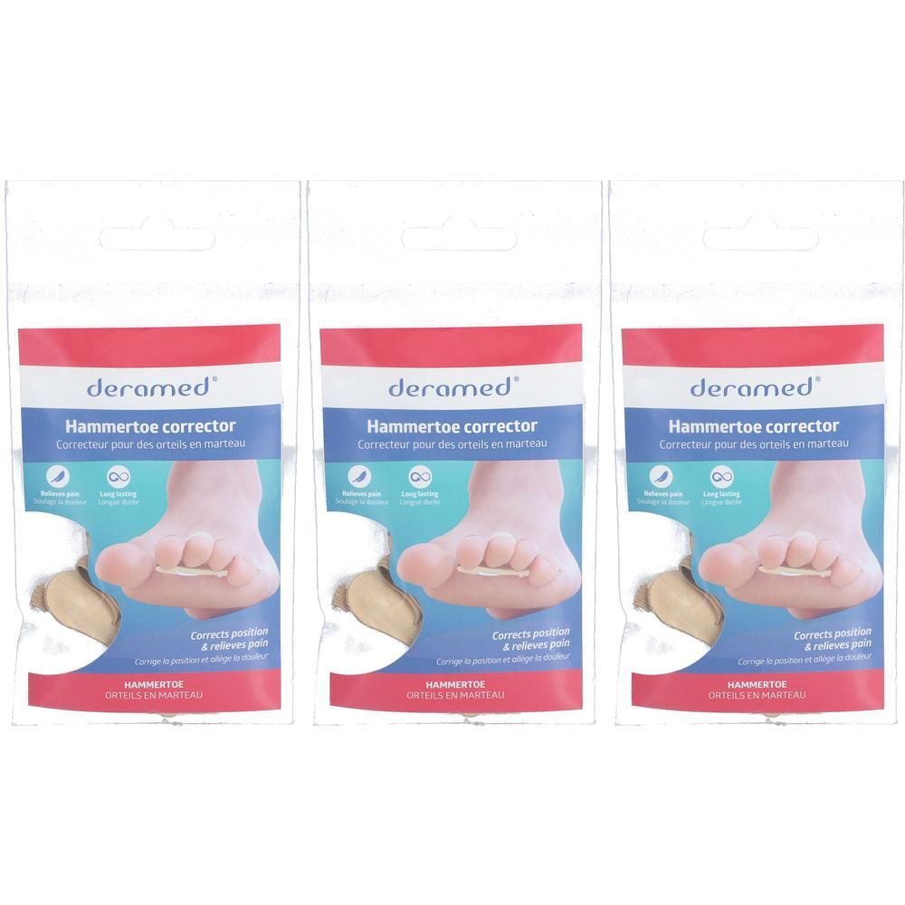 Drie verpakkingen Deramed hamerteenkussentjes met afbeeldingen van voeten die het product gebruiken.