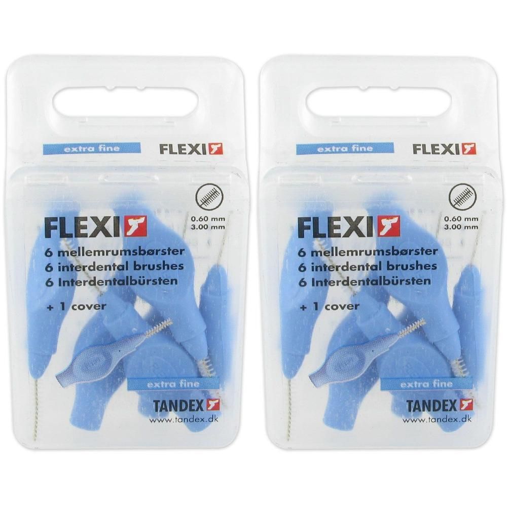 Deux paquets de brossettes interdentaires Flexi Aqua, extra fines, 0,60 mm. Chaque paquet contient 6 brossettes et 1 capuchon.