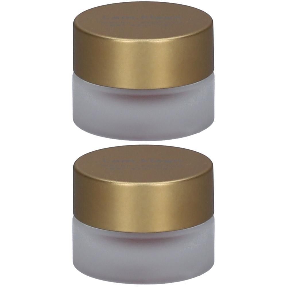 Deux petits pots en verre dépoli avec couvercles dorés.