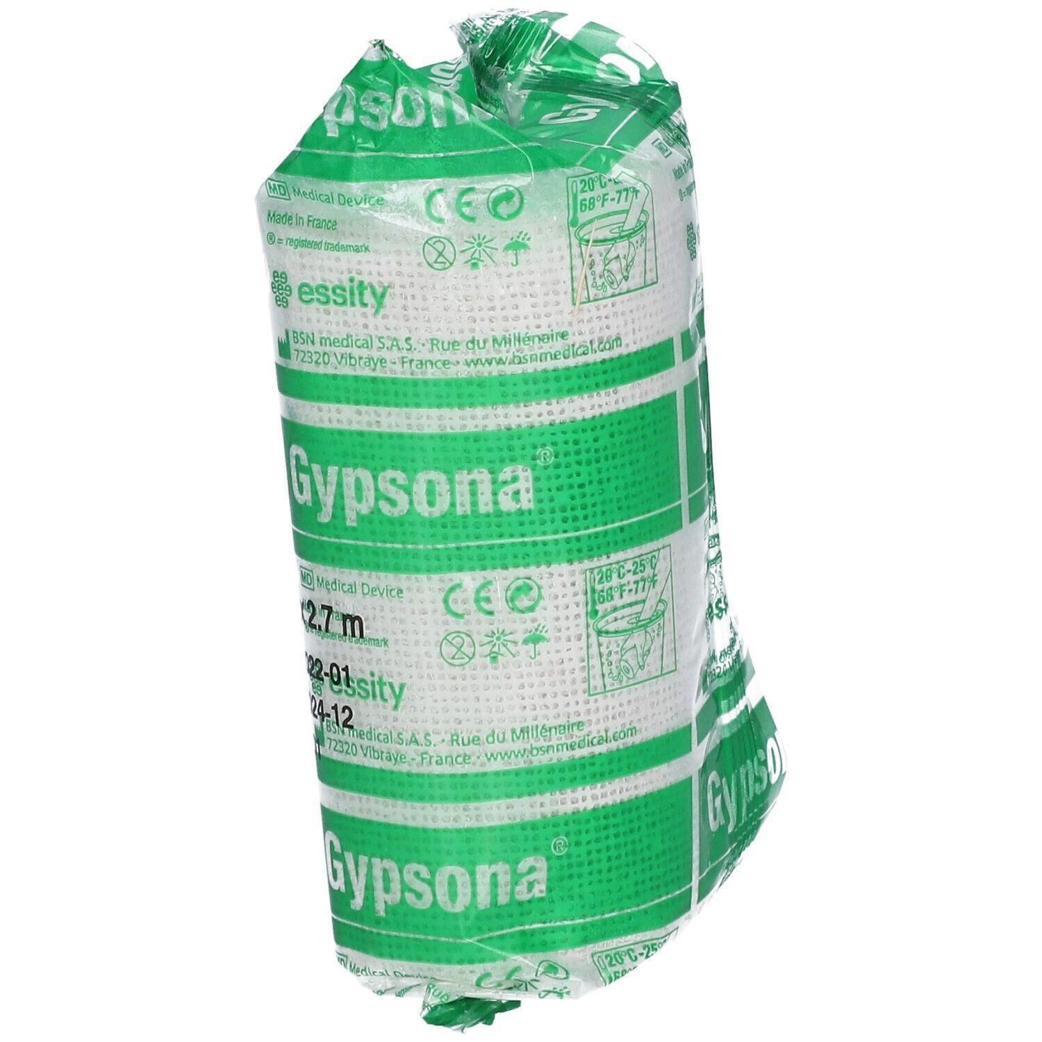 Gipskorset Gypsona, 10cm x 2.7m, in witte verpakking met groene strepen.