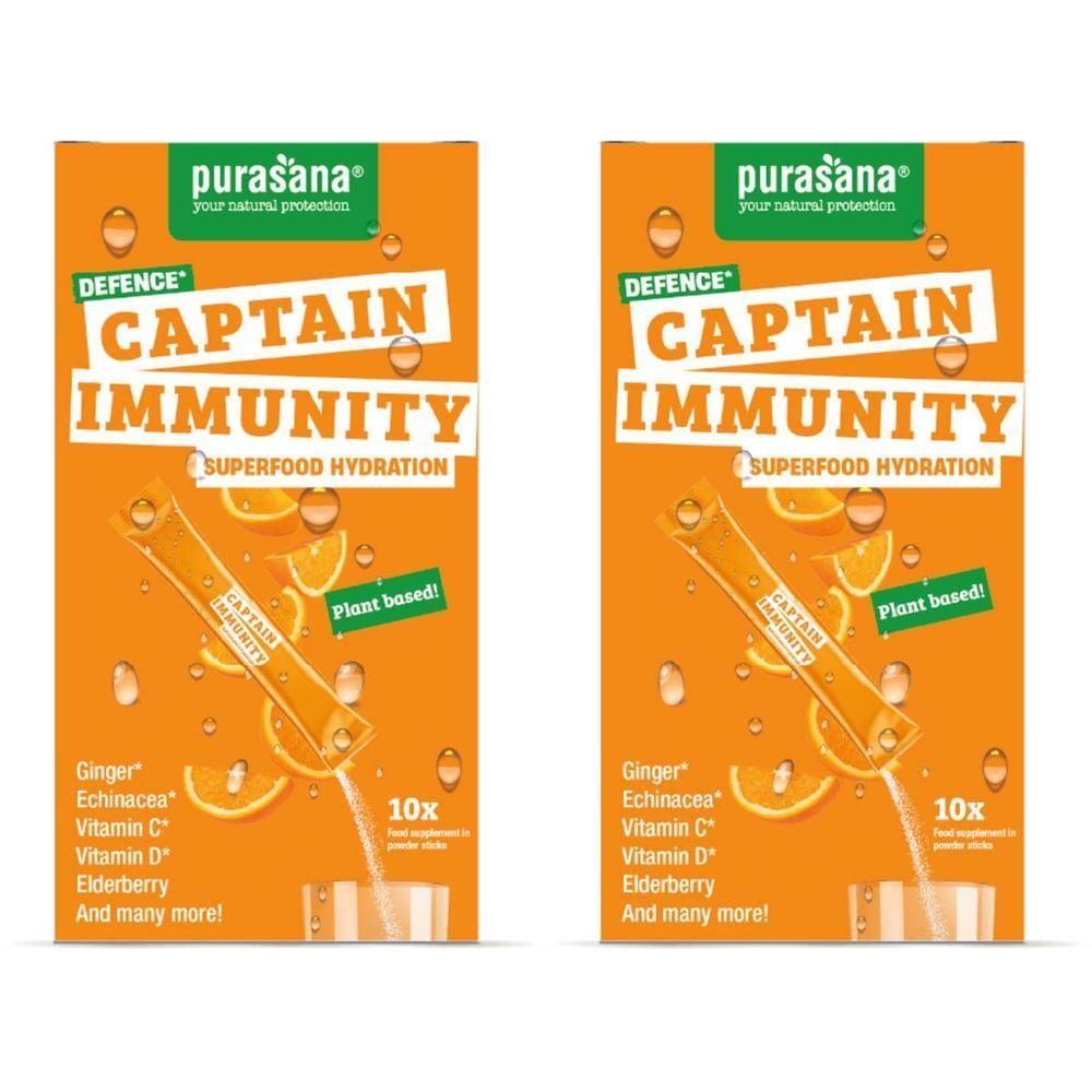 Twee pakken Purasana Captain Immunity Superfood Hydration met sinaasappel- en gemberplakjes.
