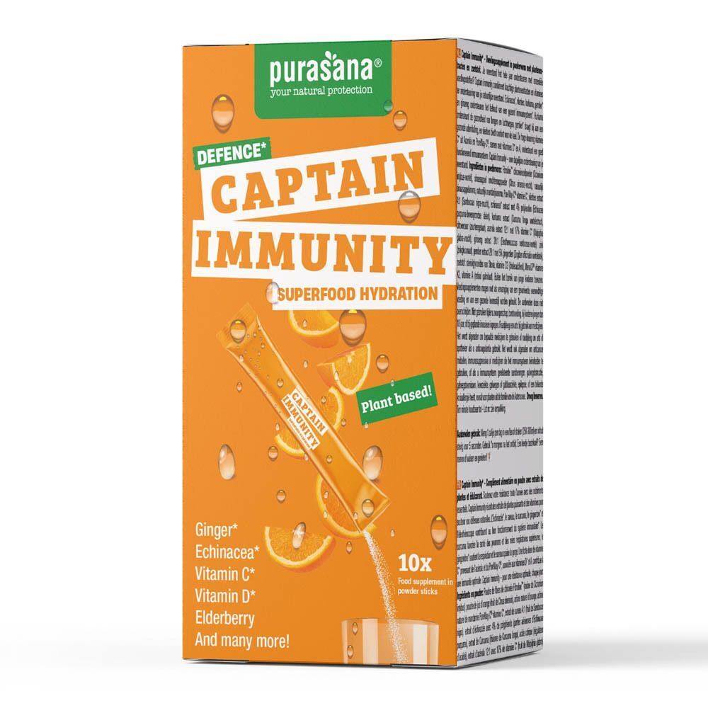 Een pak Purasana Captain Immunity Superfood Hydration met sinaasappel- en gemberplakjes.