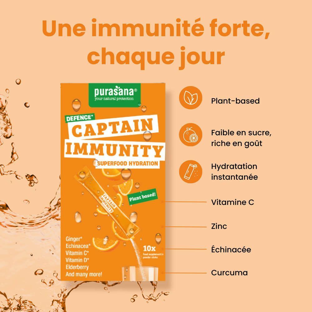 Boîte Purasana Captain Immunity avec oranges, texte sur l'immunité et les avantages.