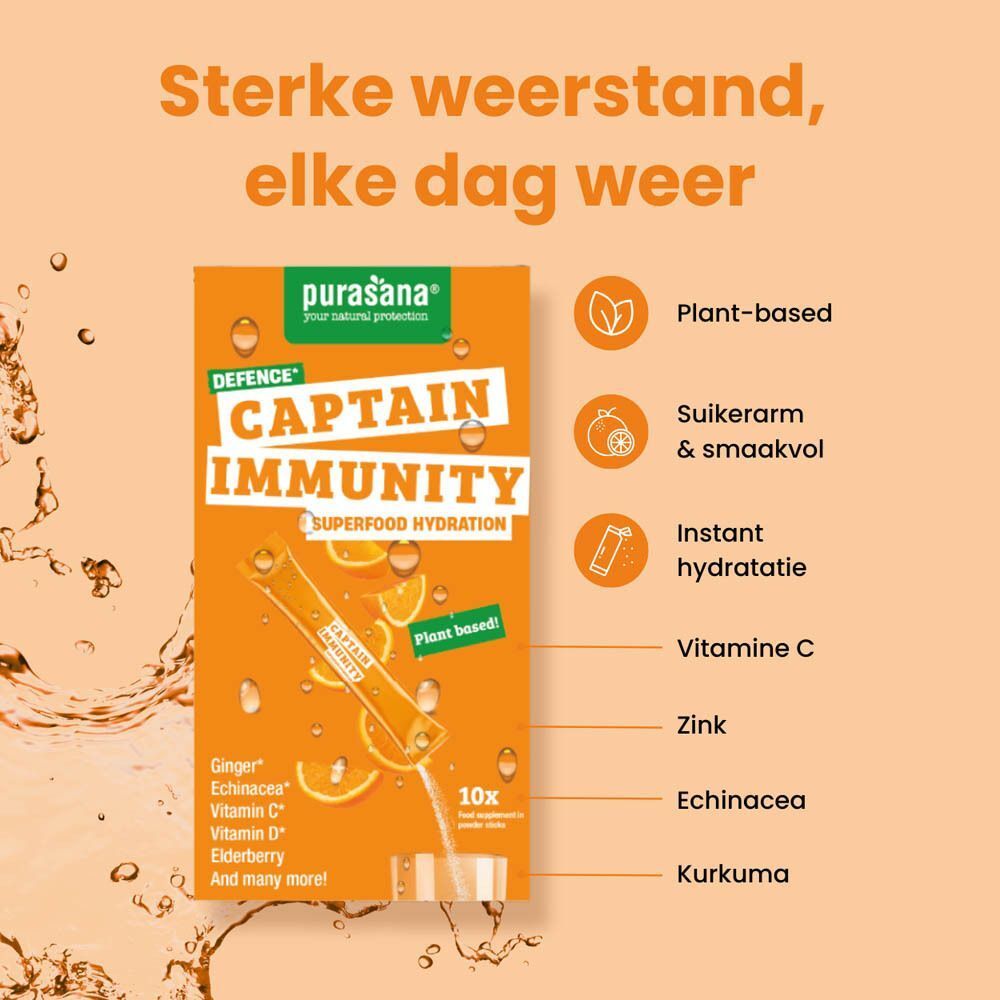 Purasana Captain Immunity verpakking met sinaasappels, tekst over immuniteit en voordelen.