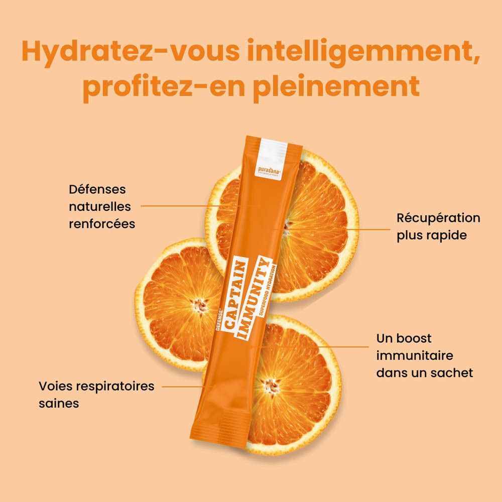 Bâtonnet Purasana Captain Immunity avec oranges, texte sur les défenses naturelles et la récupération.