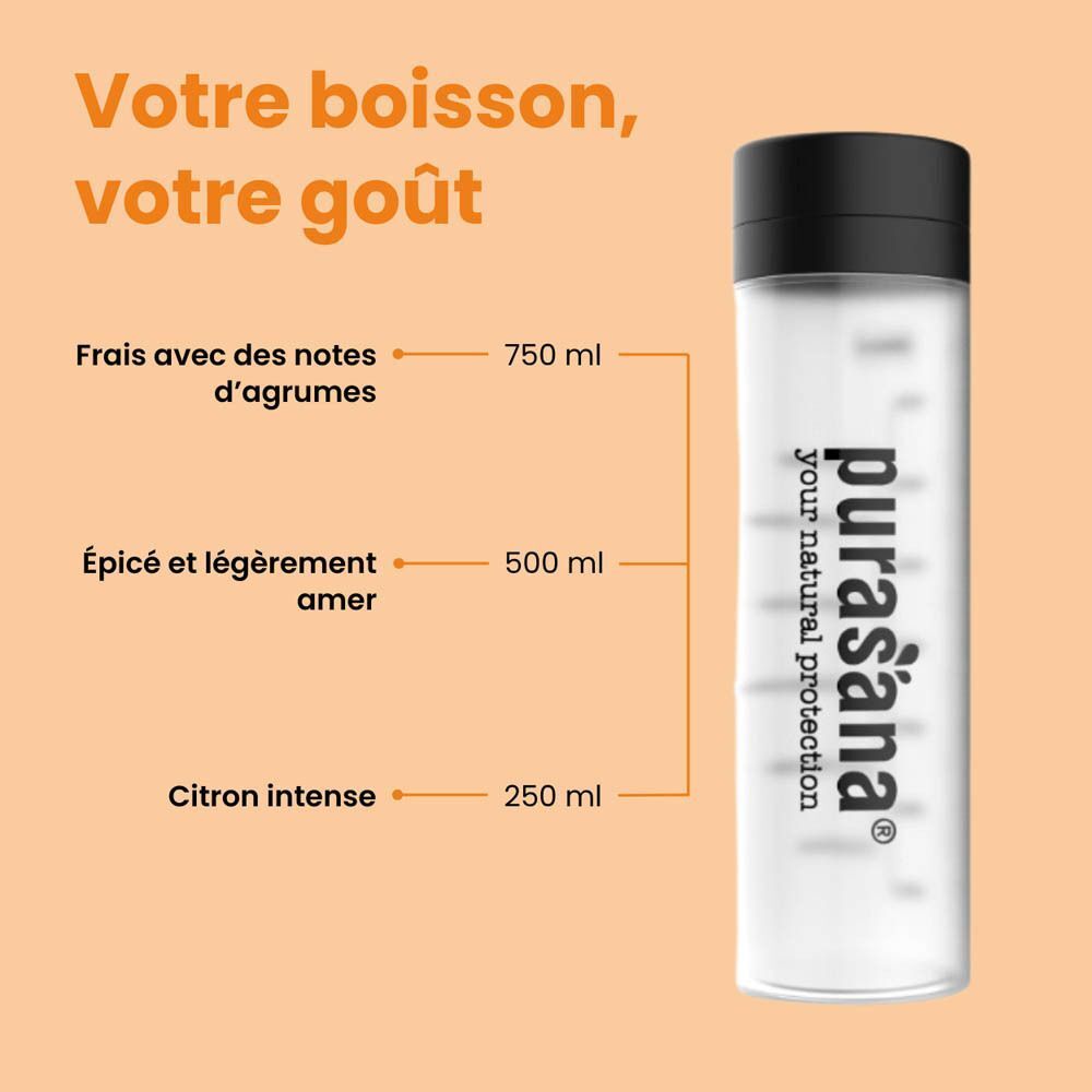 Shaker Purasana avec marques pour différentes quantités d'eau et saveurs de boissons.