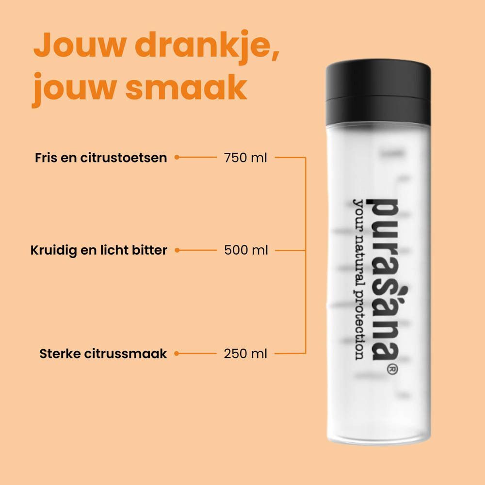 Purasana shaker met markeringen voor verschillende hoeveelheden water en dranksmaken.