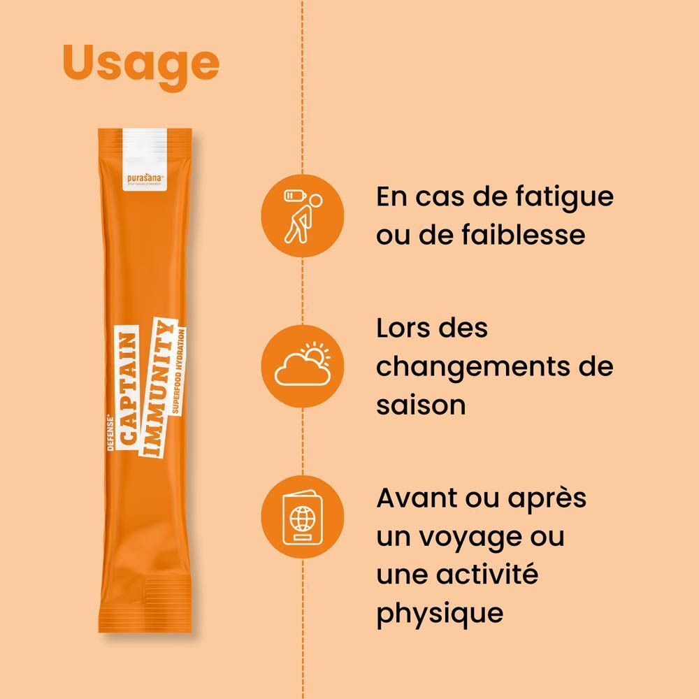 Bâtonnet Purasana Captain Immunity avec icônes pour la fatigue, les changements de saison et les voyages.