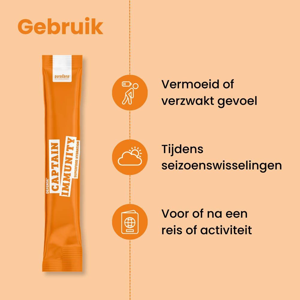 Purasana Captain Immunity stick met iconen voor vermoeidheid, seizoenswisselingen en reizen.
