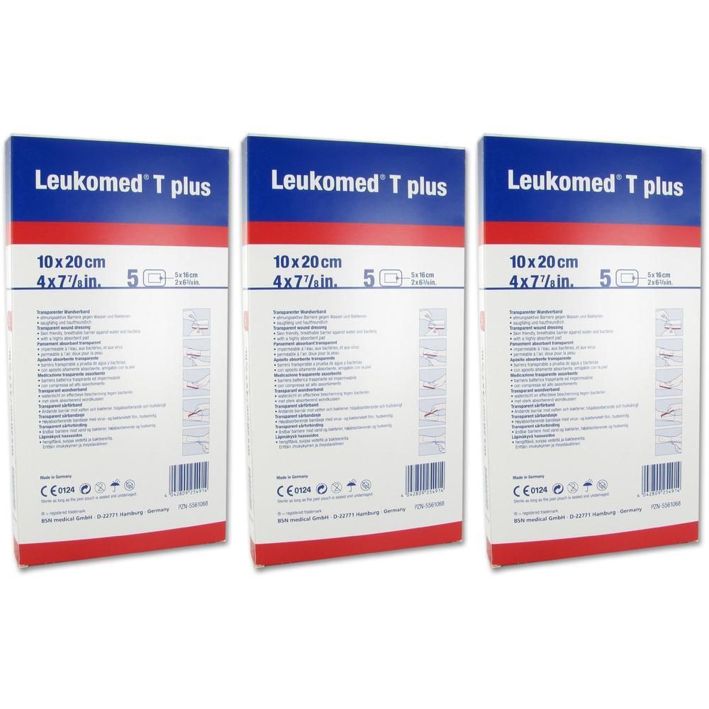 Trois paquets de pansements Leukomed T plus, 10x20 cm.