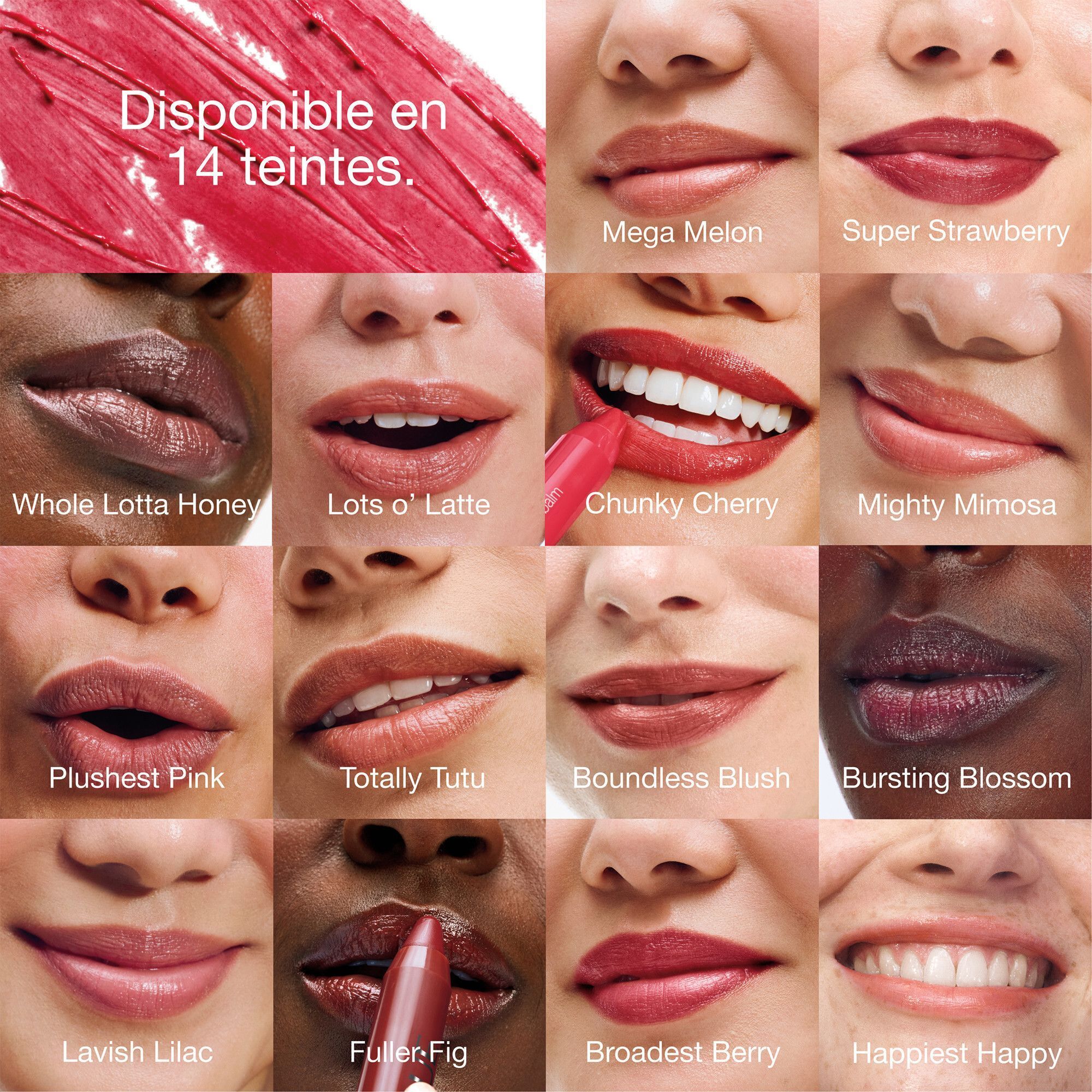 Collage van lippen die verschillende Clinique Chubby Stick tinten tonen.
