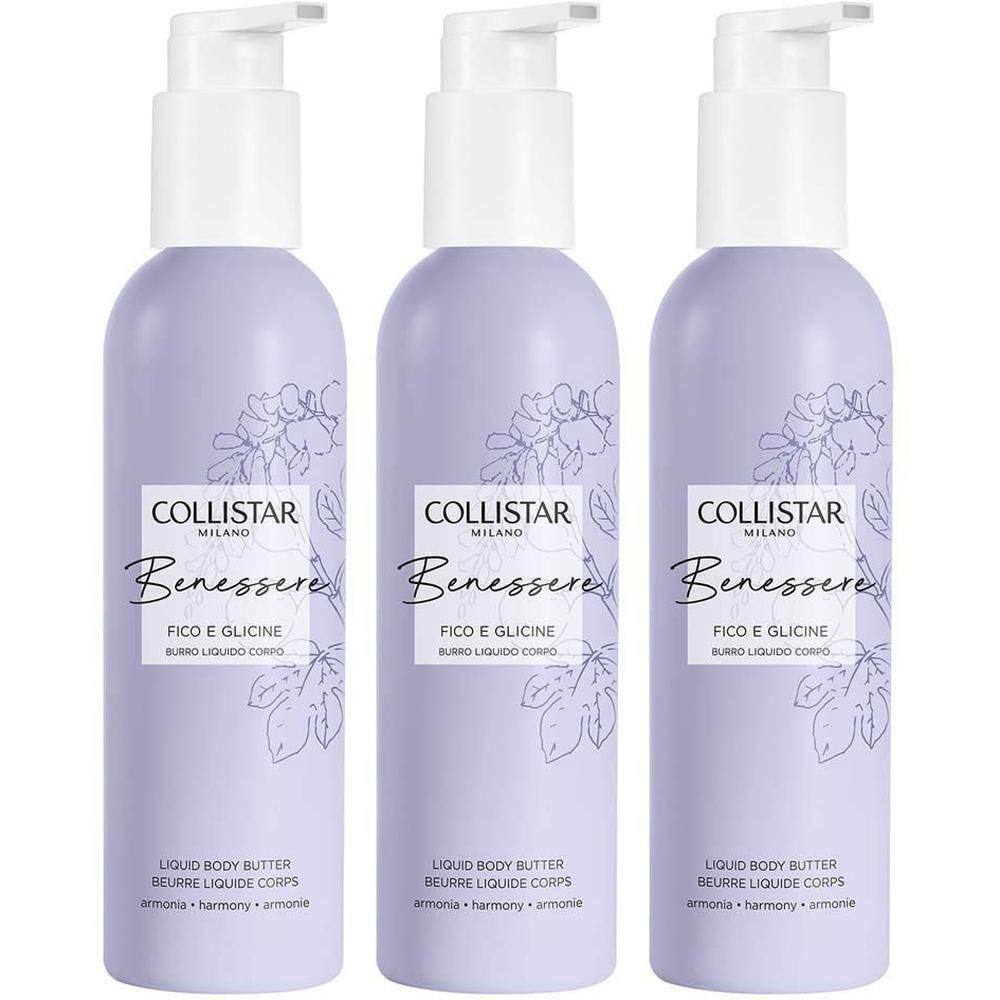 Trois flacons pompe violets avec étiquette blanche et motif floral.