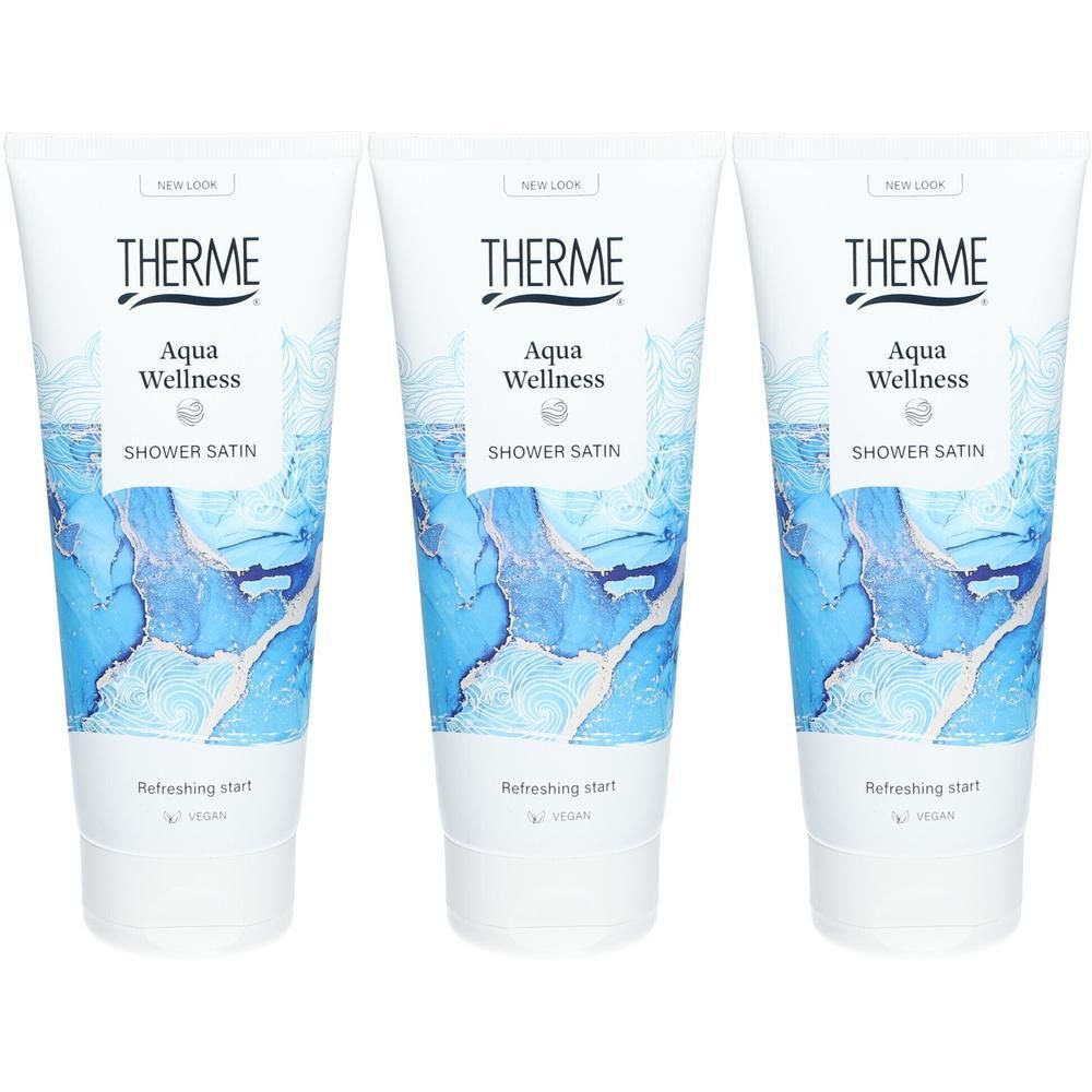 Trois tubes "Therme Aqua Wellness Shower Satin" avec un motif de vagues bleues et l'inscription "New Look".