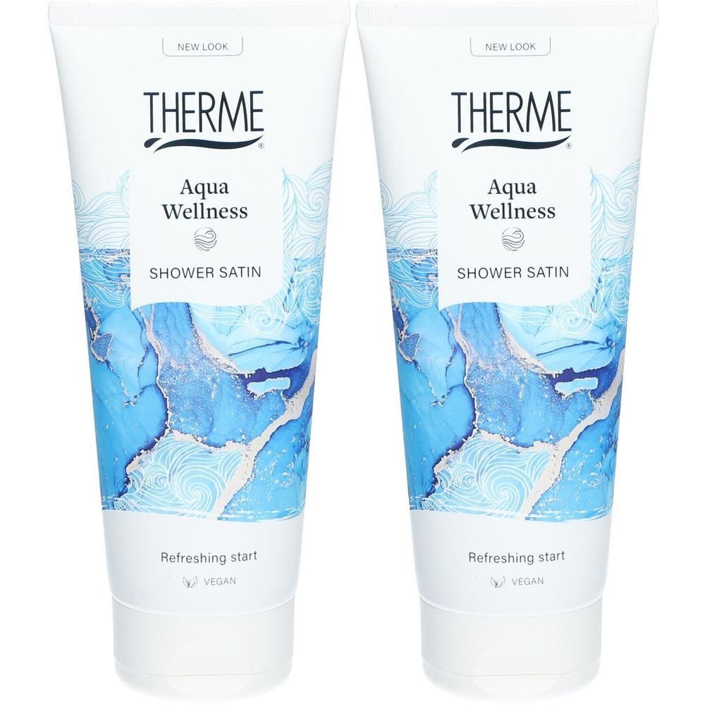 Deux tubes de gel douche avec un motif ondulé bleu. Marque: Therme, Produit: Aqua Wellness Shower Satin.