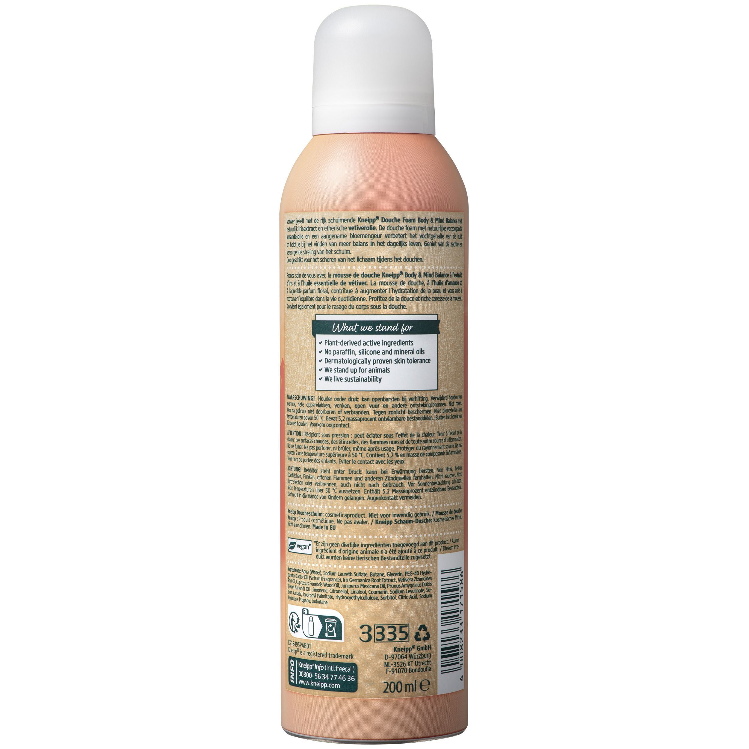 Arrière d'un flacon de mousse de douche Kneipp Body & Mind Balance avec ingrédients et instructions.