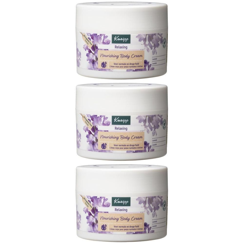 Trois pots blancs de Kneipp Relaxing Nourishing Body Cream avec motif lavande.