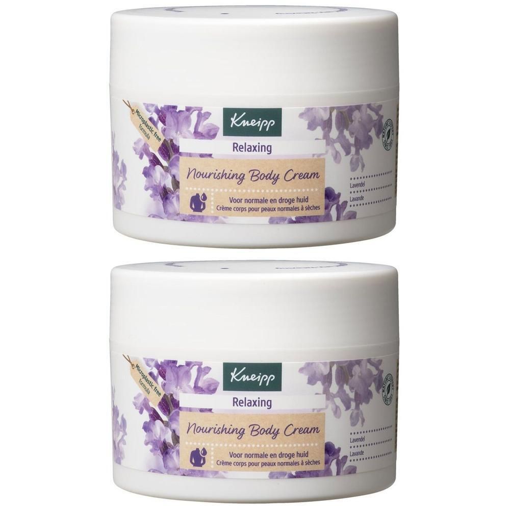 Twee witte potten Kneipp Relaxing Nourishing Body Cream met lavendel-ontwerp.