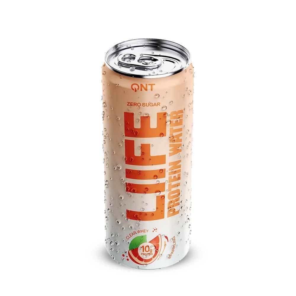 QNT Liife Protein Water blikje met sinaasappelsmaak, Zero Suiker, Clear Whey.