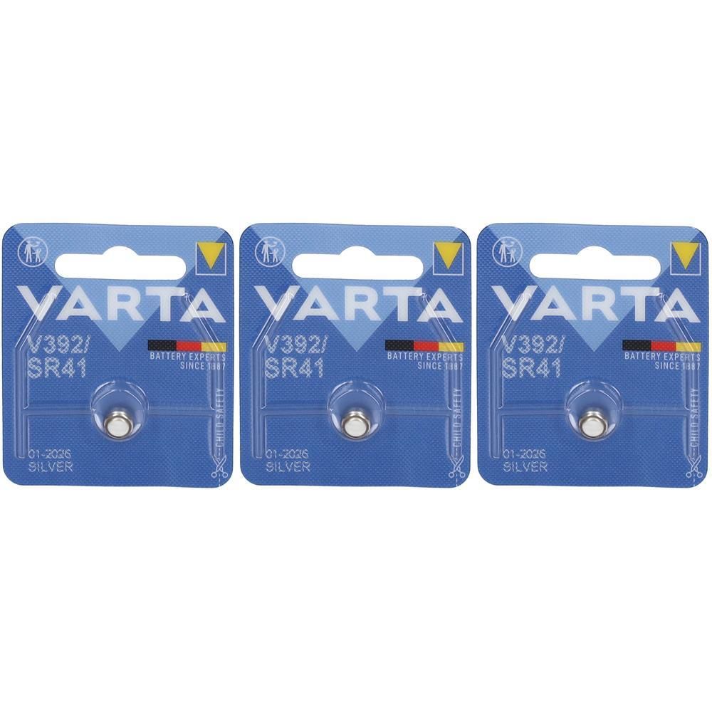 Trois piles bouton Varta V392/SR41 argentées sous blister.