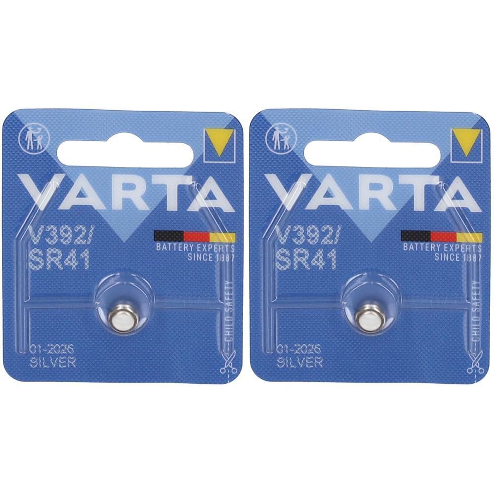 Twee Varta V392/SR41 zilveroxide knoopcelbatterijen in blisterverpakking.