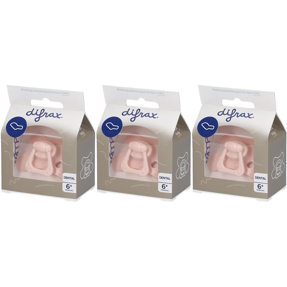 Drie Difrax Dental fopspeentjes in roze, 6+ maanden, in individuele verpakking.