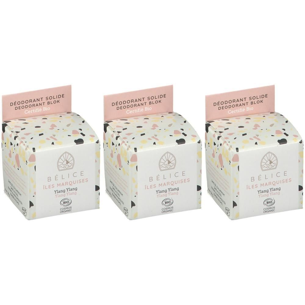 Drie vaste deodorantblokken van Bélice Ylang Ylang, biologische certificering.