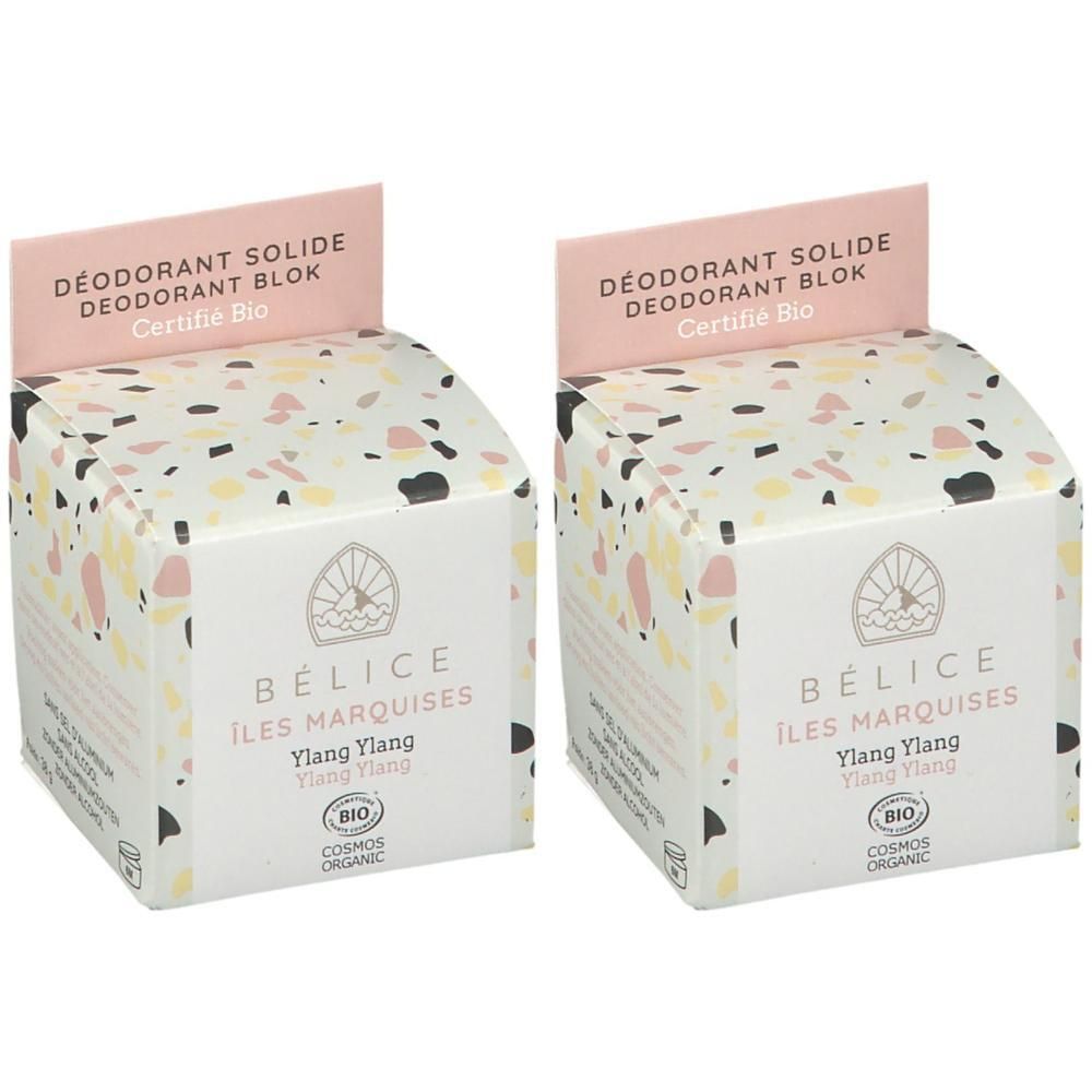 Deux paquets de déodorant Bélice Ylang Ylang Bio. Certifié Bio.
