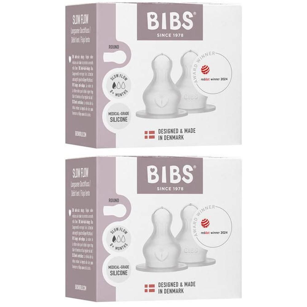 Twee BIBS siliconen flesvoeding spenen, Slow Flow, medische kwaliteit, Made in Denmark.