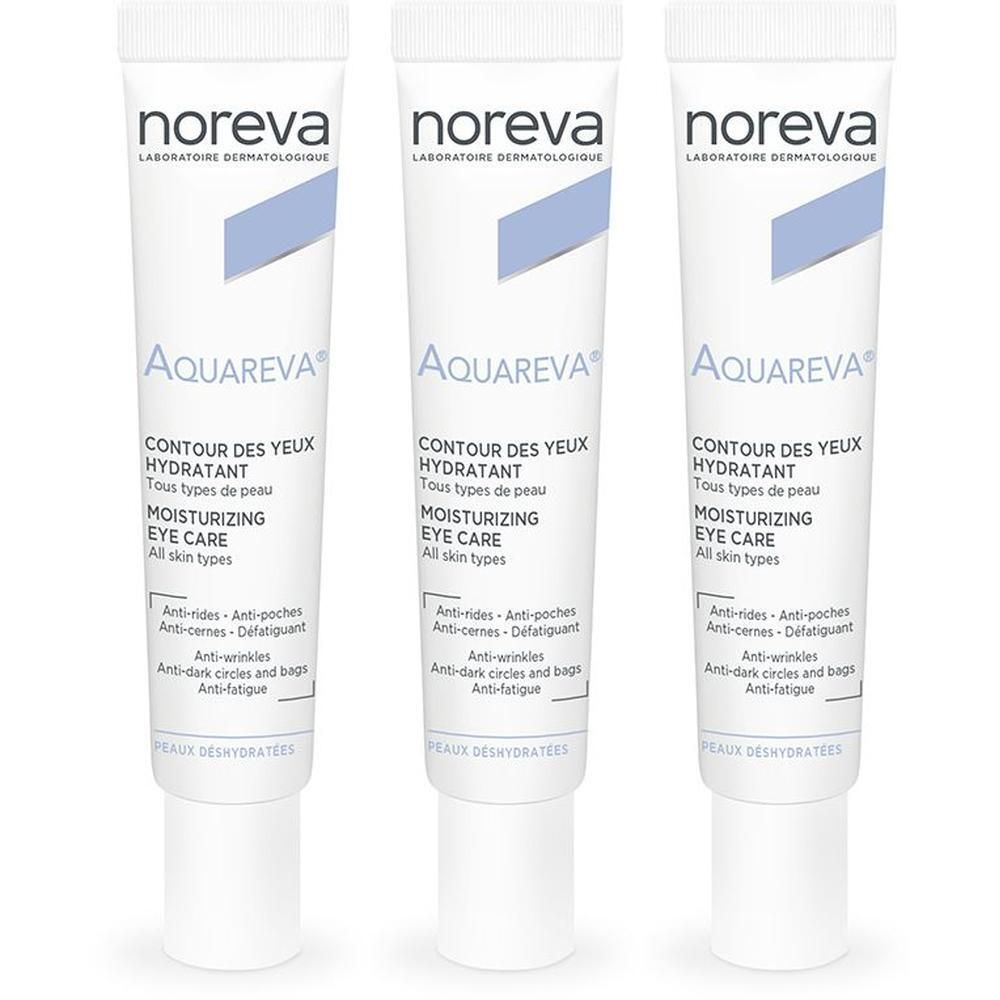Drie Noreva Aquareva hydraterende oogcrème tubes.