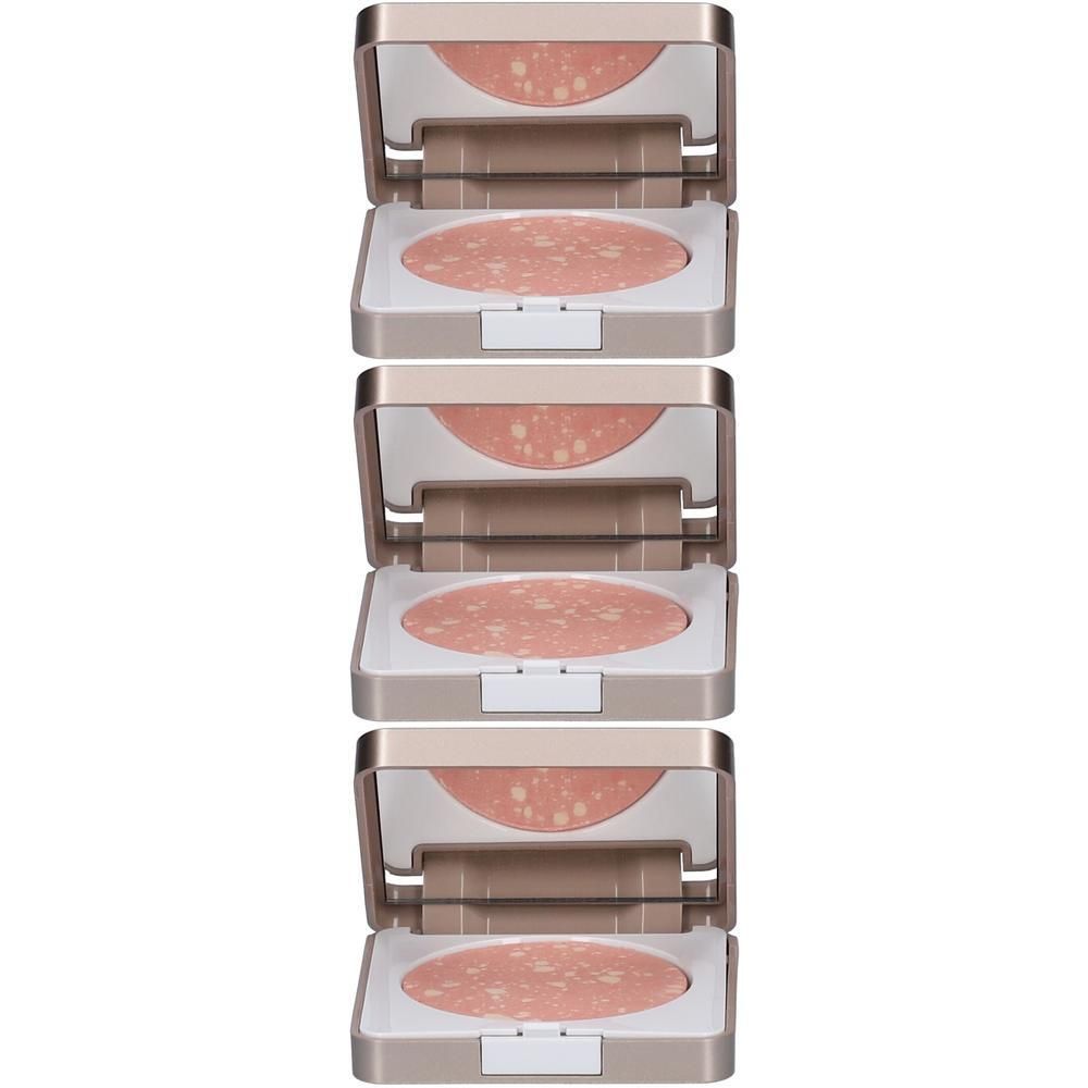 Vier open compacte blush poeders, roze marmerlook, met gouden omhulsel.
