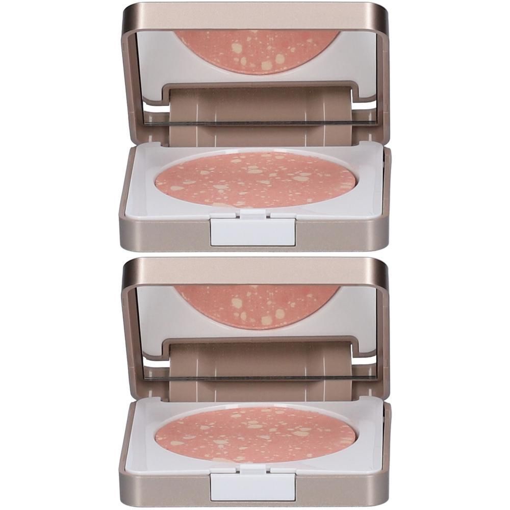 Twee geopende doosjes blush met roze poeder en lichte spikkels.