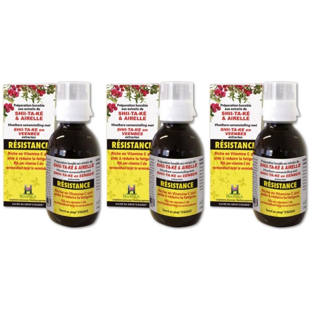 Trois flacons de Holistica Sirop Résistance avec extrait de Shiitake & Baies. Emballage jaune avec baies rouges.