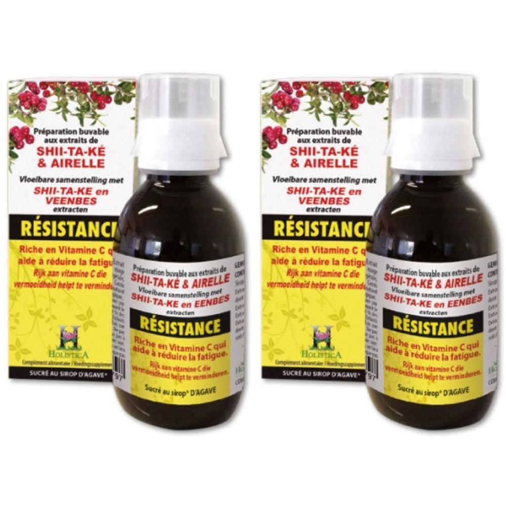 Deux flacons de Holistica Sirop Résistance avec extraits de shiitake et de baies. Emballage jaune avec baies rouges.